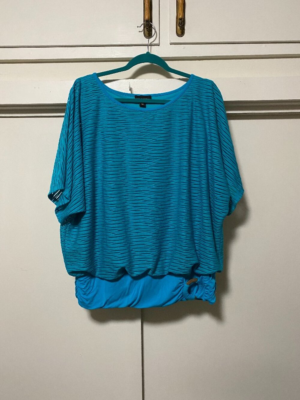 Alyx, short sleeve, turquoise blouson top, size 3X